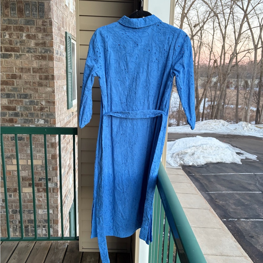 🆕 Tahari Spring Blue Embroidered Shirt Dress XS Belted Button Front Midi Cotton - Picture 5 of 17